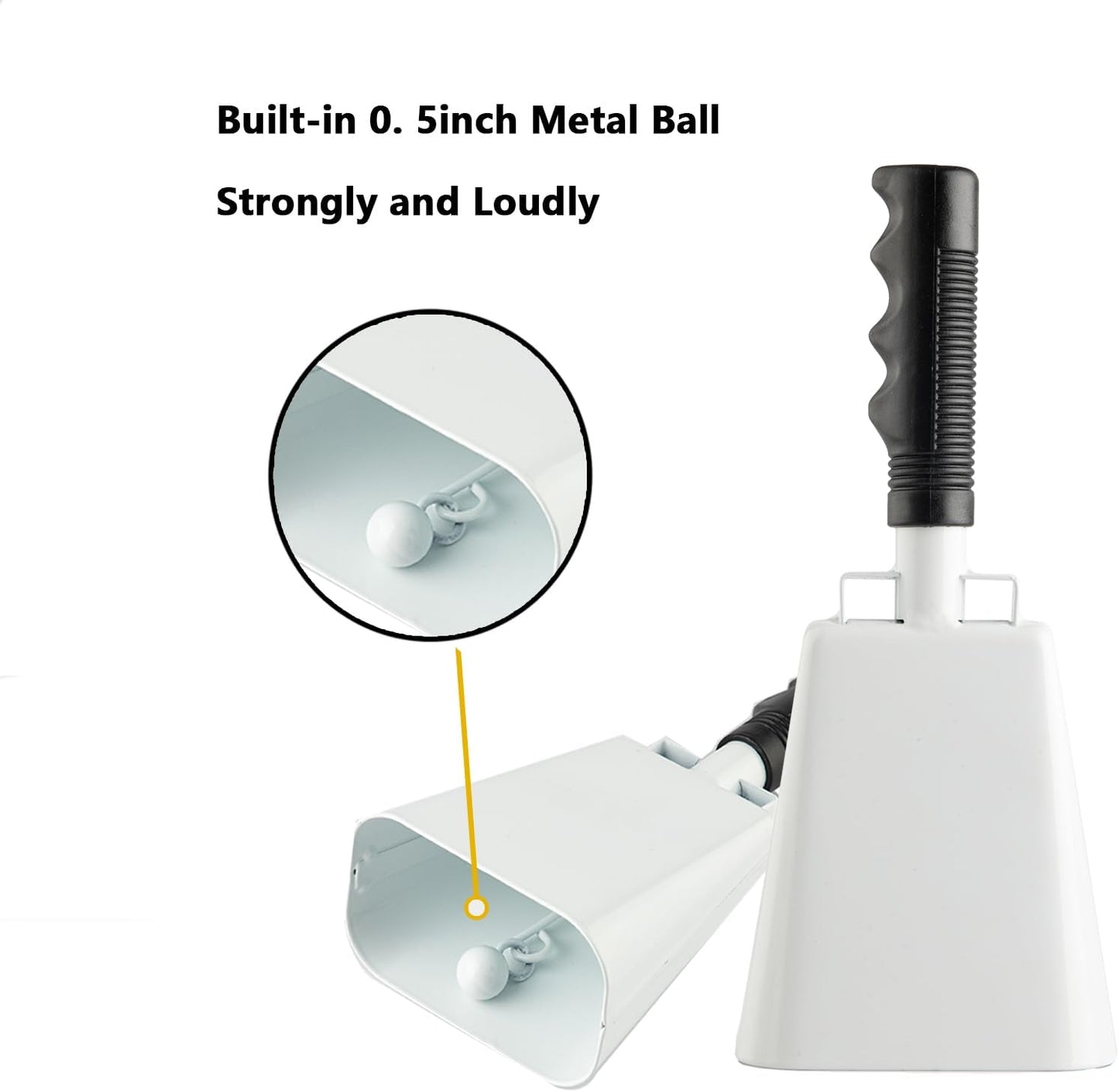 Steel Cowbell with Handle 8 Inch Cow Bells Noise Makers, 2 Pack Large Cowbells for Sporting Events, Hand Percussion Cowbells Cheering Bell for Football Game Party Concert Graduation School (White)