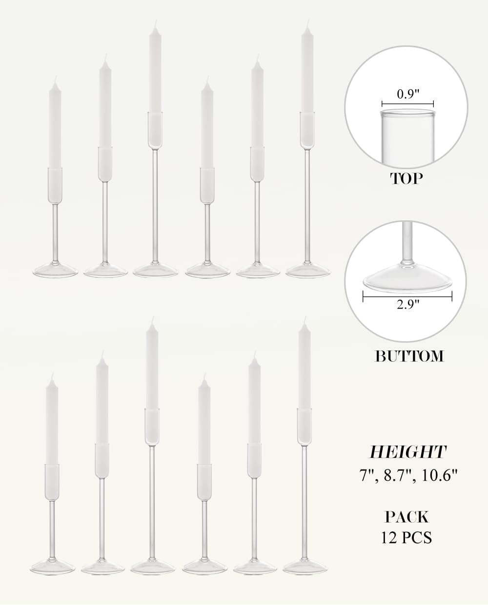 Candle Holder, Glass Taper Candle Tall Candlestick Holder, 3 Different Heights, for Table Centerpiece, Wedding, Party, Clear, 12pcs