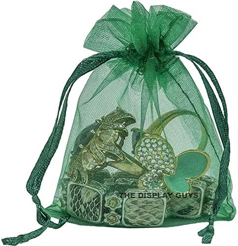 TheDisplayGuys 100-Pack 3x4 Dark Green Sheer Organza Gift Bags with Drawstring, Jewelry Candy Treat Wedding Party Favors Mesh Pouch