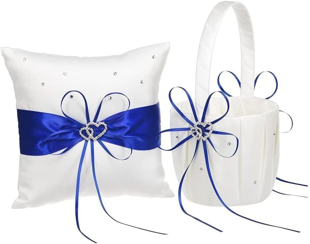 The Crafty Owl 2 Heart Rhinestones Ivory/White/Blue Trimming/Red Trimming Satin Large Wedding Ring Bearer Pillow and Basket Set (White with Blue Trimming)