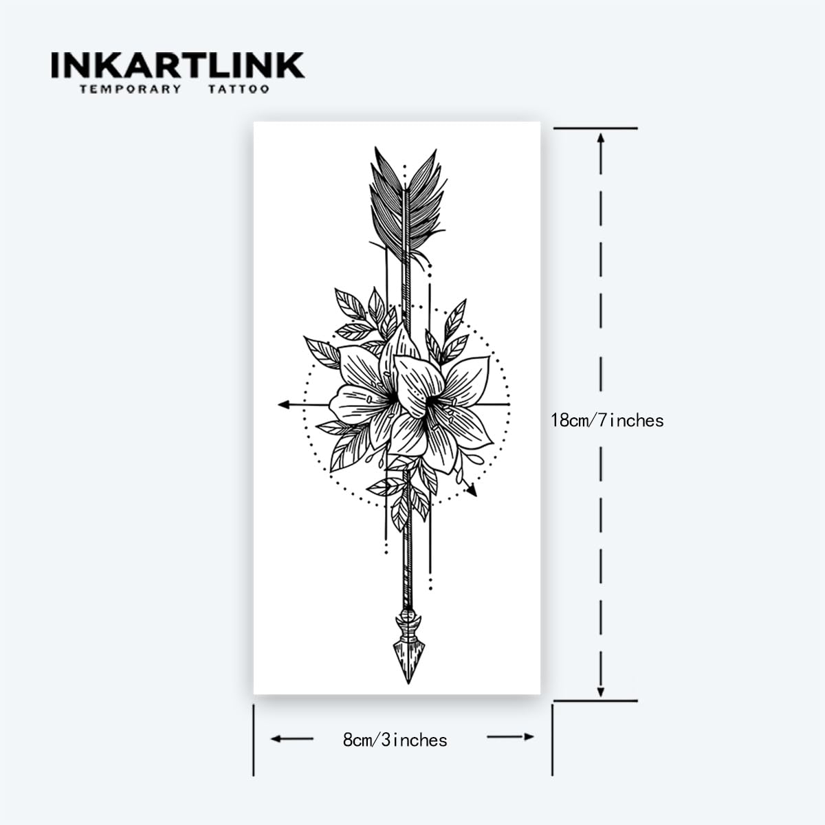 INKARTLINK Tattoo Tech, 2 Sheets Large Semi Permanent Tattoo, Adult Art Design Temporary Tattoos, Lasts 1-2 Weeks, Waterproof, Realistic Look, No Adhesive, No Reflection (Flower and Arrow Design)