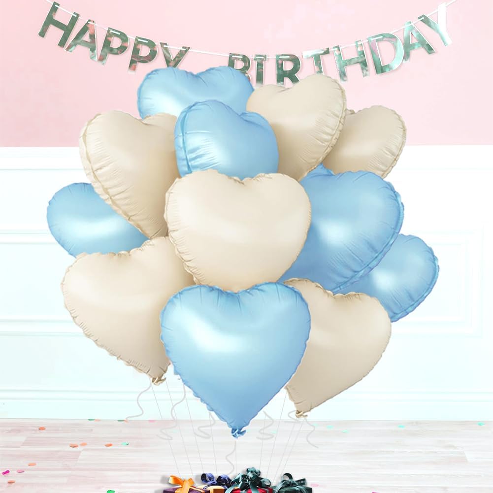 Baby White Heart Balloons，18 Inch Baby Blue Helium Foil Love Heart Shaped Balloons for Birthday Party Bridal Engagement Wedding Anniversary Baby Shower Valentines Decorations 12Pcs