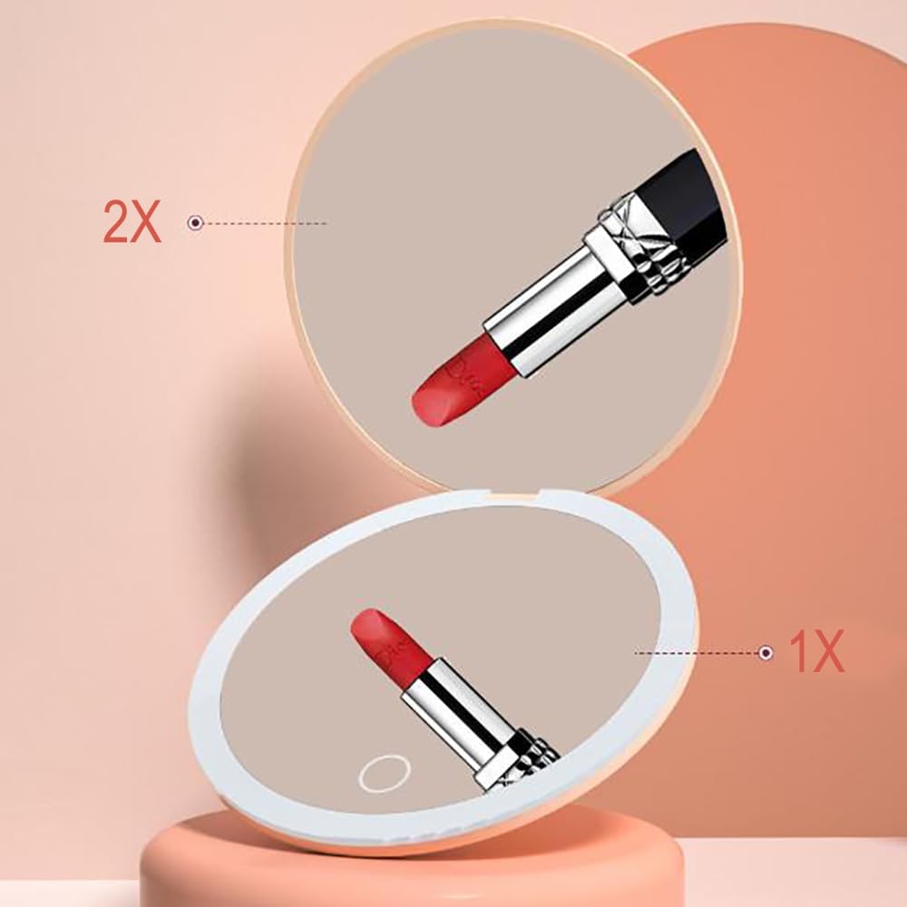 MONKEY SUN LED Mini Makeup Mirror, Compact Folding Travel Mirror with Touch Control, Round (Pink, 3.5 inch)