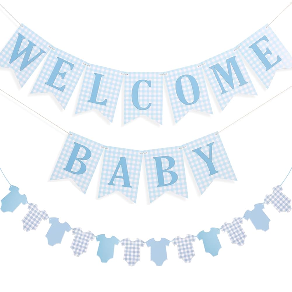 Baby Boy Baby Shower Banner, 2 PCS Pre-strung Blue Gingham Welcome Baby and Body Cloth Banner for