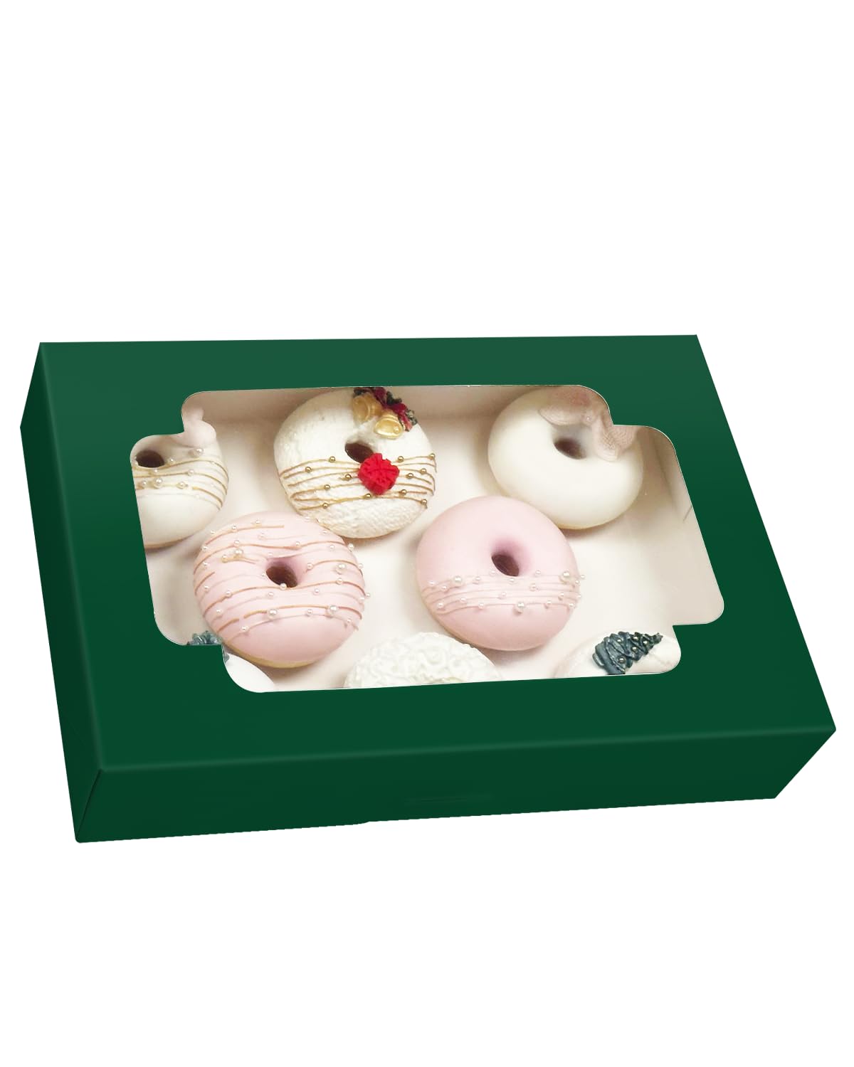 qiqee Auto-pop up Deep Green Cookie Box with Window 12x8x2.5 inch 32 Packs Two Uses One Second Folding Pastry Biscuit Bakery Box for Packaging