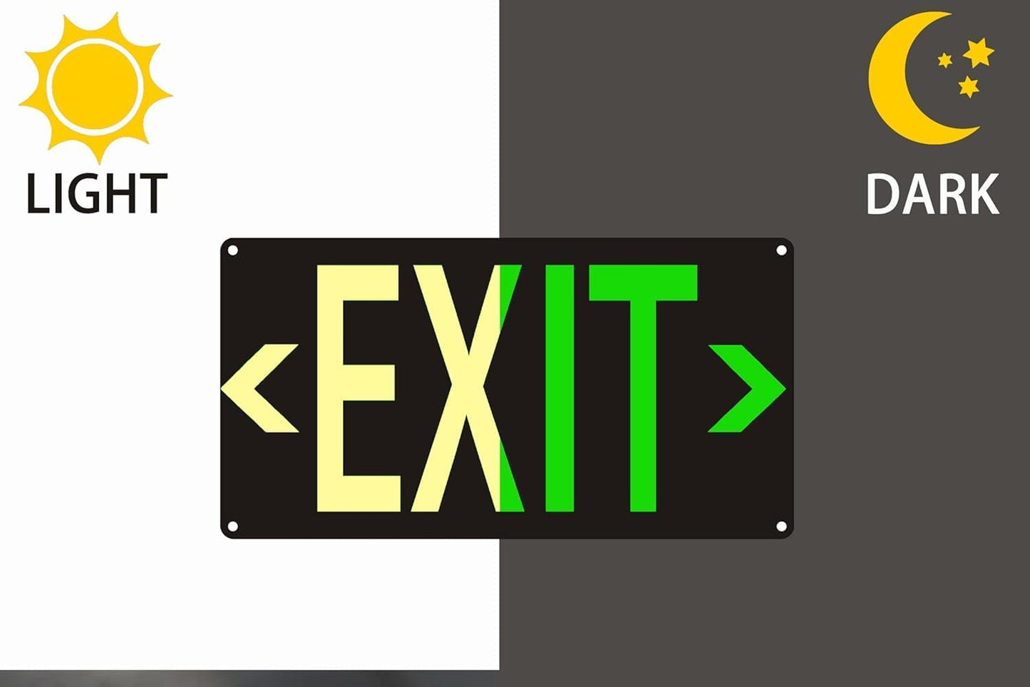 Photoluminescent Exit Sign Black, 14.25"x 7.5" Glow In The Dark Exit Signs Aluminum with 8pcs Removable Directional Arrows and Strong Adhesive Backing,Easy to install, 4Pack