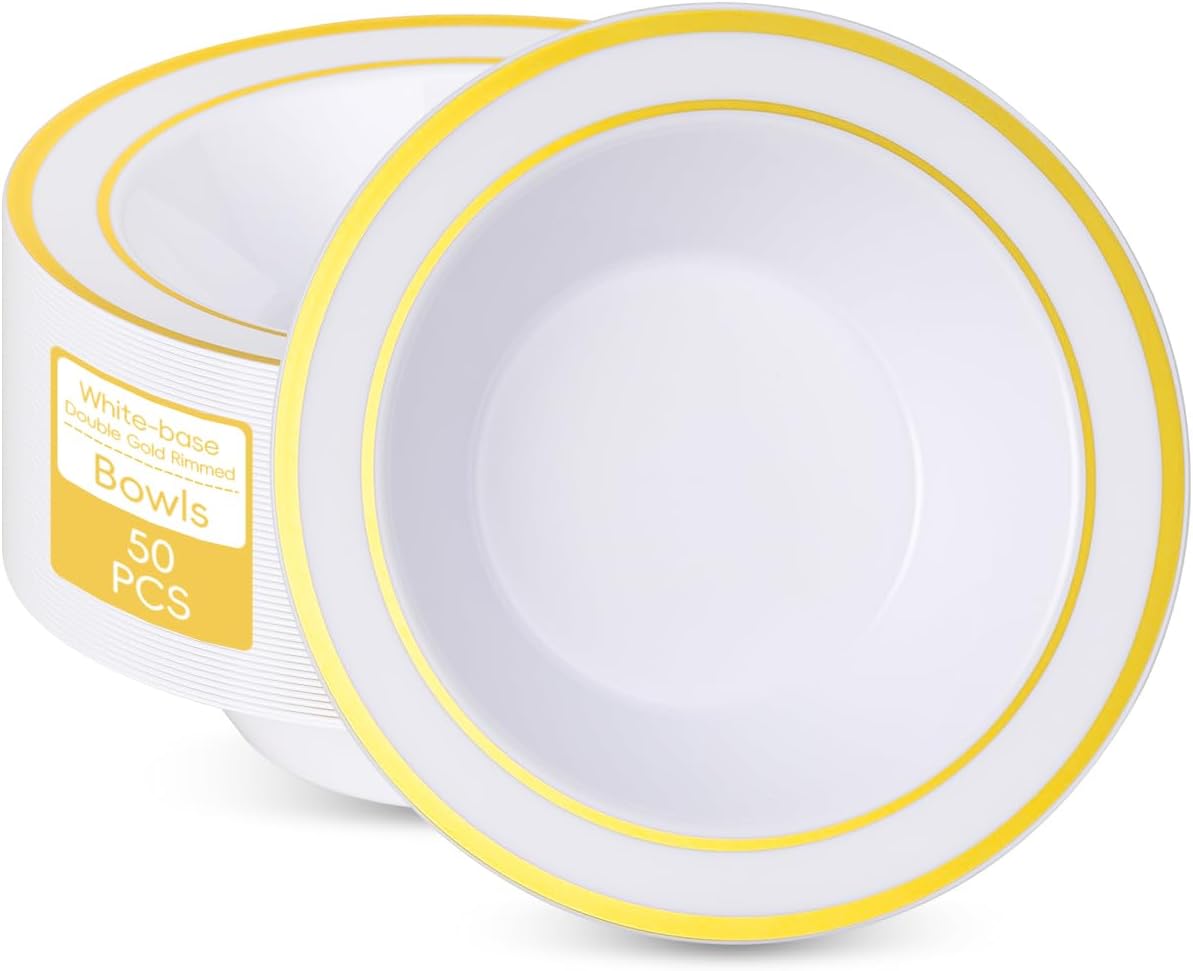 50 Pack Disposable Soup Bowls with Gold Rim,12oz Disposable Soup Bowls,Disposable Soup Dessert Salad Bowls for Wedding/Party/Catered Events