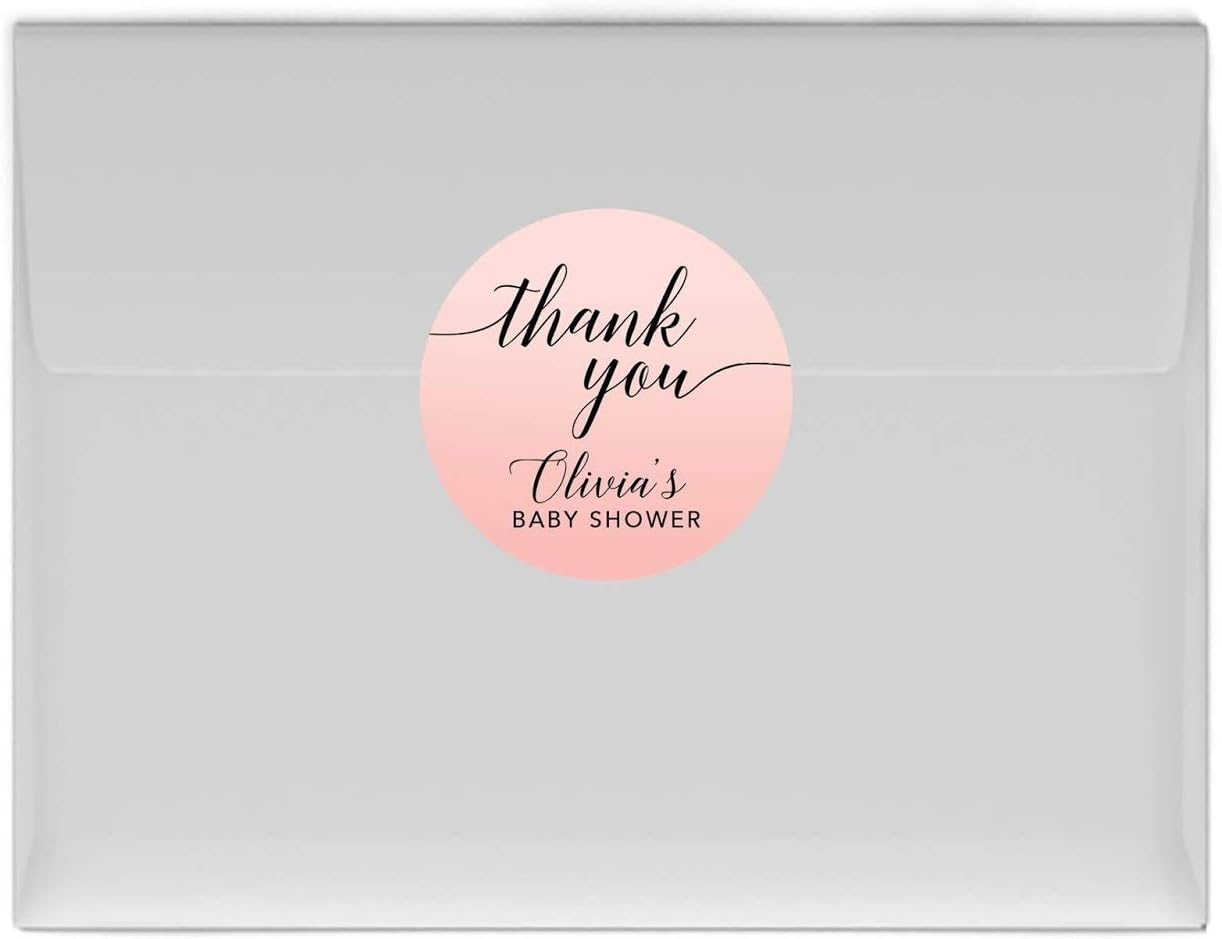 Andaz Press Personalized Blush Pink Rose Elegant Party Collection, Round Circle Label Stickers, Thank You, Olivia's Baby Shower, 40-Pack, Custom Favors Decor Envelope Seals