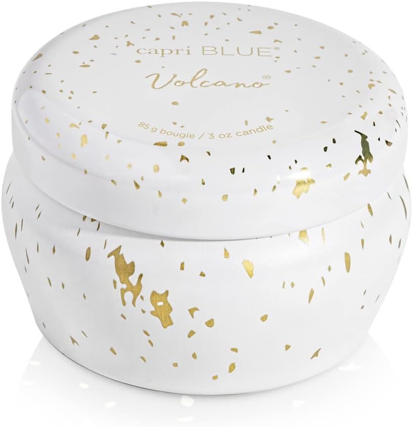 Capri Blue Glimmer Mini Tin - Volcano Scented Candle with Mini Tin Candle Holder - Soy Wax Blend - White and Gold (3 oz)