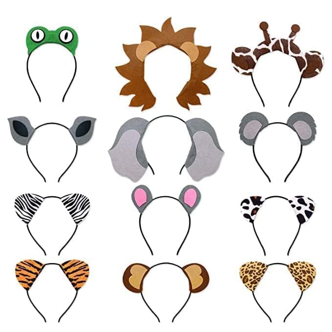 12pcs Jungle Animal Safari Headbands with Animal Hair Hoops - Photo Booth Props, Party Favors and