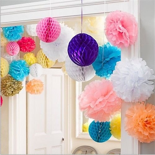 10pcs White Tissue Hanging Paper Pom-poms, Hmxpls Flower Ball Wedding Party Outdoor Decoration