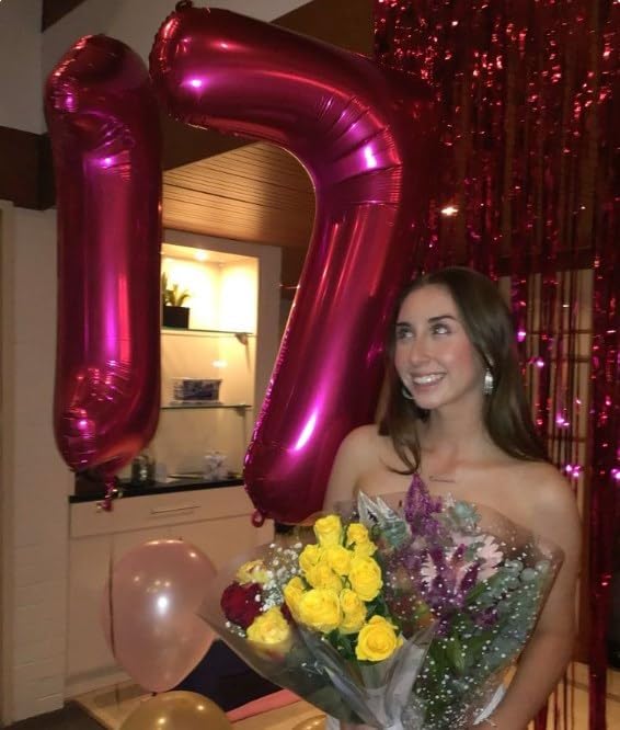 Hot Pink Number 17 Birthday Balloon 40 Inch, Digital Balloons for 17 Party Celebration Decorations Supplies, Mylar Foil Numbers Balloon for 17 Wedding Anniversary