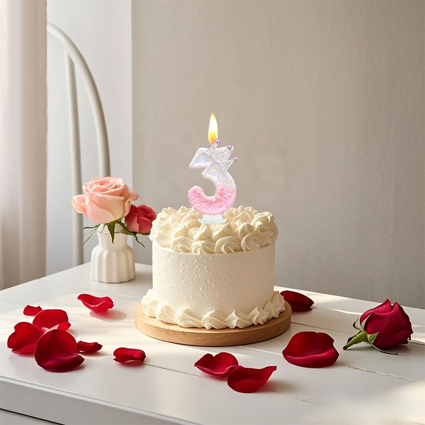 Pink Birthday Number 4 Candle for Cake, Pink Crown Cake Topper Princess Birthday Party Decorations