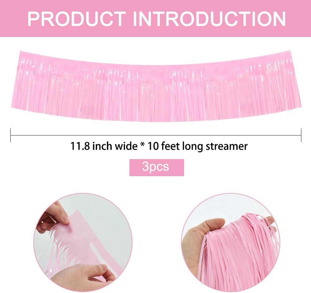 BEISHIDA 3 Packs Metallic Foil Fringe Garland Macaron Pink Wall Hanging Tinsel Fringe Banners for Car Floats Bridal Shower Wedding Birthday Easter Graduation Holiday Party Decoration(30 Feet)