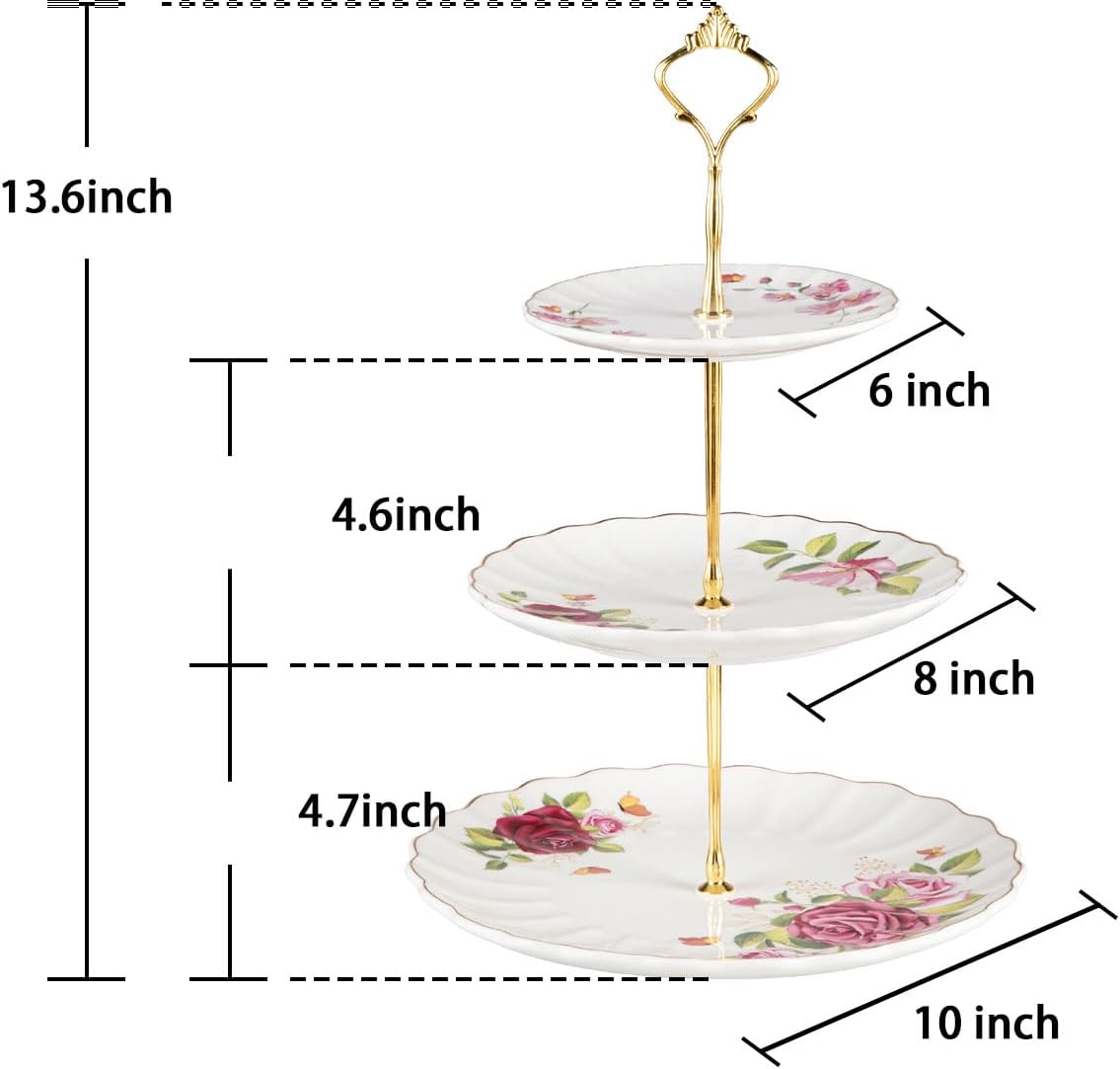 Sweejar 3 Tier Ceramic Cake Stand Wedding, Dessert Cupcake Stand for Tea Party Serving Platter (Rose Flower)