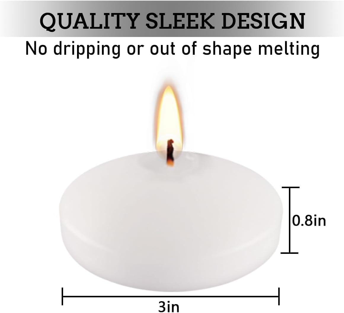 Set of 24， 3-inch Floating Candles, White Smoke-Free and odorless, Burning continuously for 8-9 Hours, Suitable for Valentine's Day, Weddings, Holidays, Home Decoration