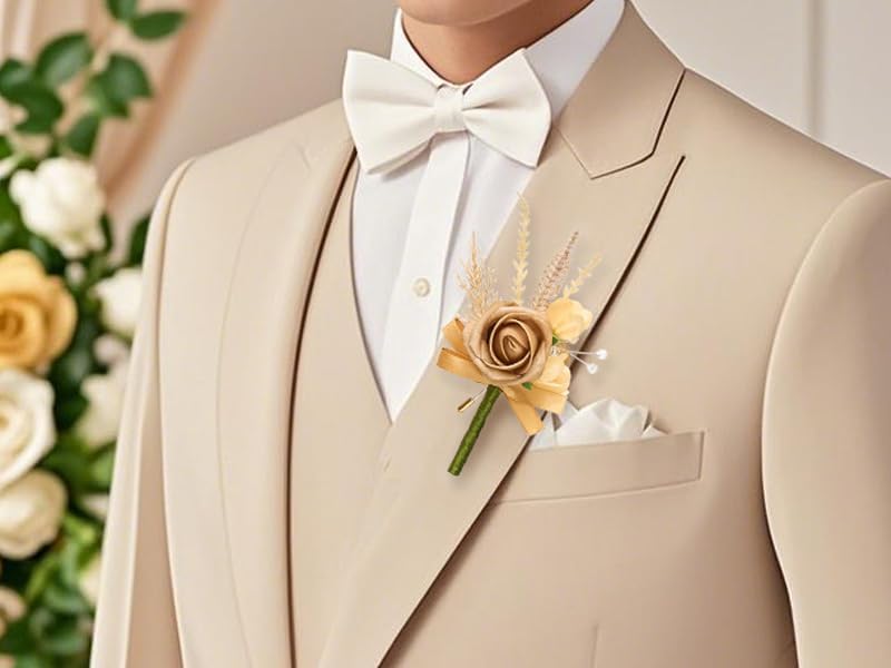 Serwalin 10Pcs Boutonniere for Men, Khaki Groom and Best Man Boutonniere, Artificial Flowers for Wedding Decor, Prom, Homecoming, Ceremony Anniversary, Formal Dinner Party