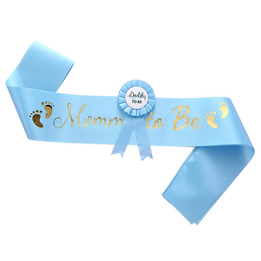 HUKONHEP 2 Packs Blue Baby Shower Sash, Mommy to Be Sash and Daddy to Be Badge, Baby Shower