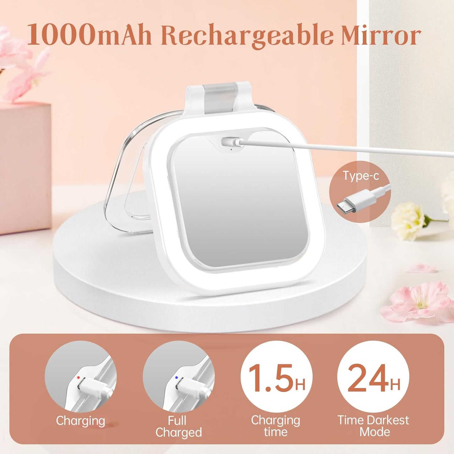 Compact Travel Makeup Mirror with Lights, 1X/30X Double-Sided Magnifying Mirror, 3 Color LED Lighting, Rechargeable Folding Portable Vanity Mirror for Women (White)