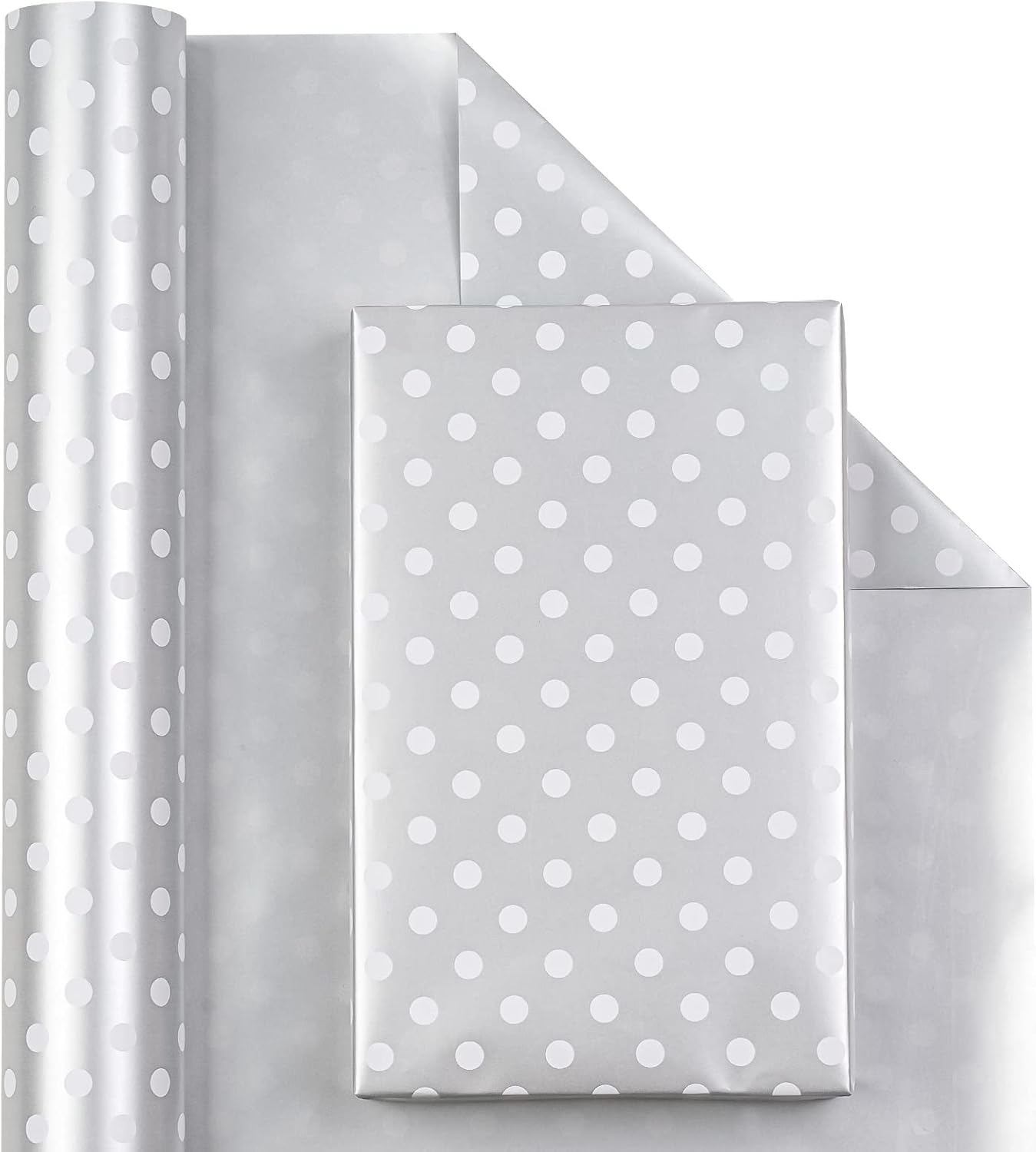 WRAPAHOLIC Reversible Wrapping Paper - Mini Roll - 17 Inch X 33 Feet - Silver Print and Polka Dot Design for Birthday, Holiday, Wedding, Baby Shower
