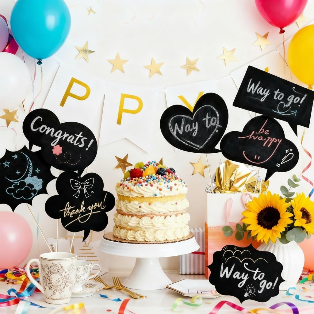 10pcs Blank Photo Booth Props - Writable Chalkboard Signs with Chalk & Sticks, for Wedding, Birthday, Baby Shower
