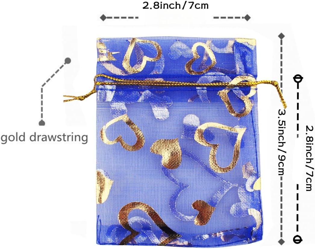 100 Pack 2.8 x 3.5 Inch Flower Heart Organza Jewelry Gift Pouch Candy Pouch Drawstring Wedding Favor Bags B511S (royalblue gold heart)