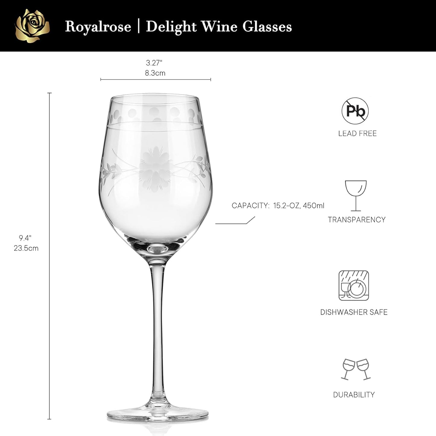 Premium Delight Wine Glasses Set of 4,15 oz – Hand-Blown with Etched Long Stem, Classic Glassware for Weddings, Dinners, and Holiday Gifting (Red Wine Glass)