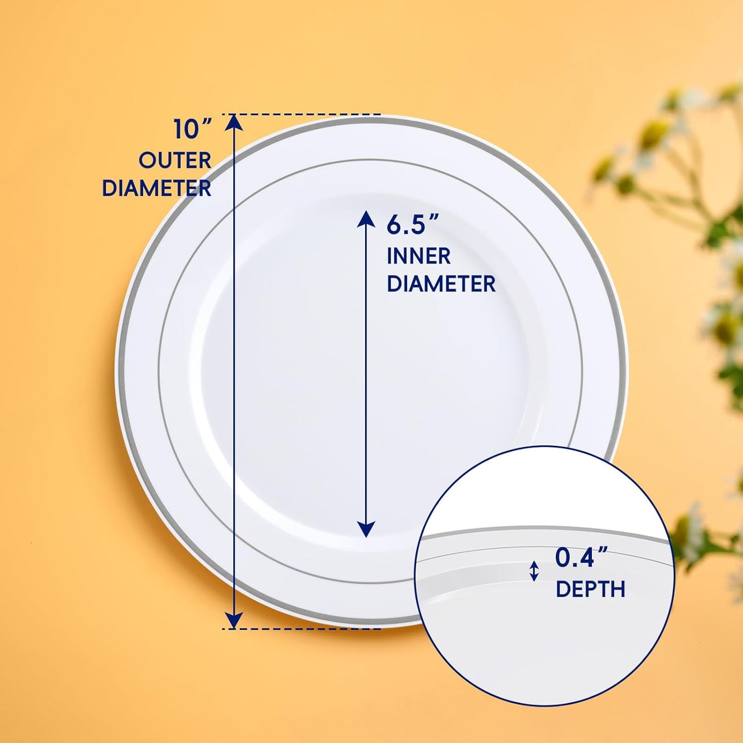 JOLLY CHEF 100 Pieces Silver Plastic Plates, 10 Inch Elegant Disposable White with Silver Rim, Plastic Plates for Dinner, Birthdays and Weddings