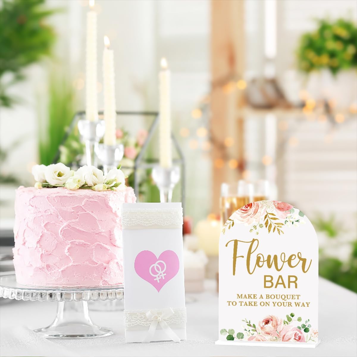 Acrylic Wedding Signs, Flower Bar Desk Decor, Flower Bar Signs for Ceremony, Modern Calligraphy Arch Acrylic Table Top Sign for Wedding Reception and Engagement Parties (Pink Flowers)