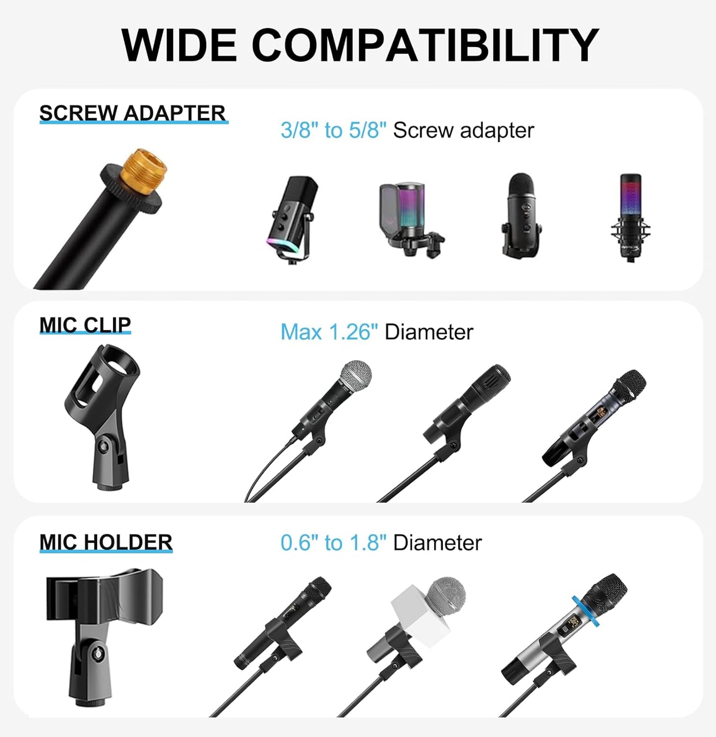 Mic Stand with Boom Arm, Heavy Duty Tripod Microphone Stand Floor Holder Height Adjustable with Carrying Bag and 2 Mics Clips for Singing Performance, Home Studio Recording, Podcast and Stage