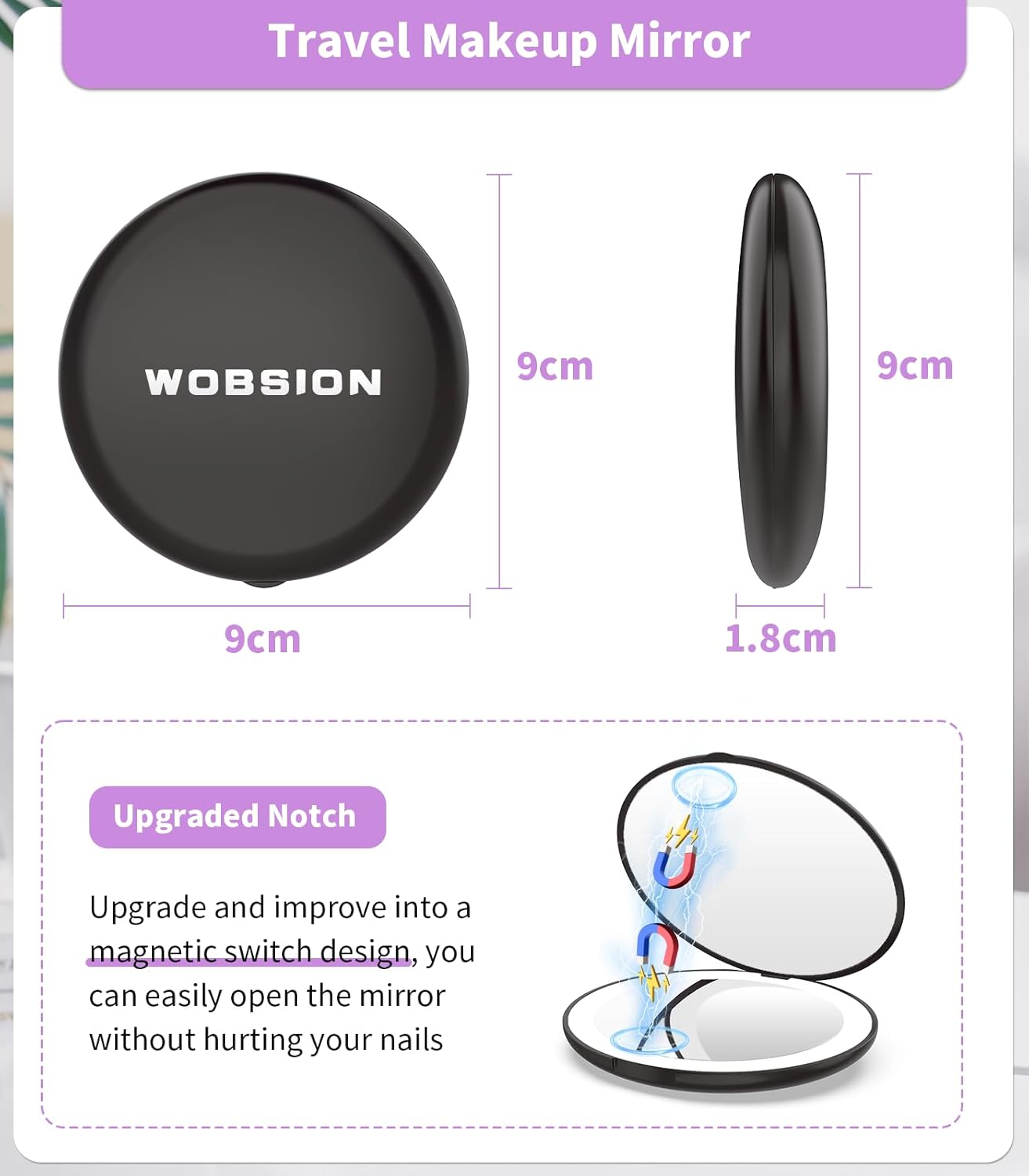WOBSION Travel Compact Mirror,Portable 1x/10x LED Makeup Mirror with Magnification,Handheld 2-Sided Pocket Mirror, 3.5in Small Mirror for Purse,Handbag,Gift,Black