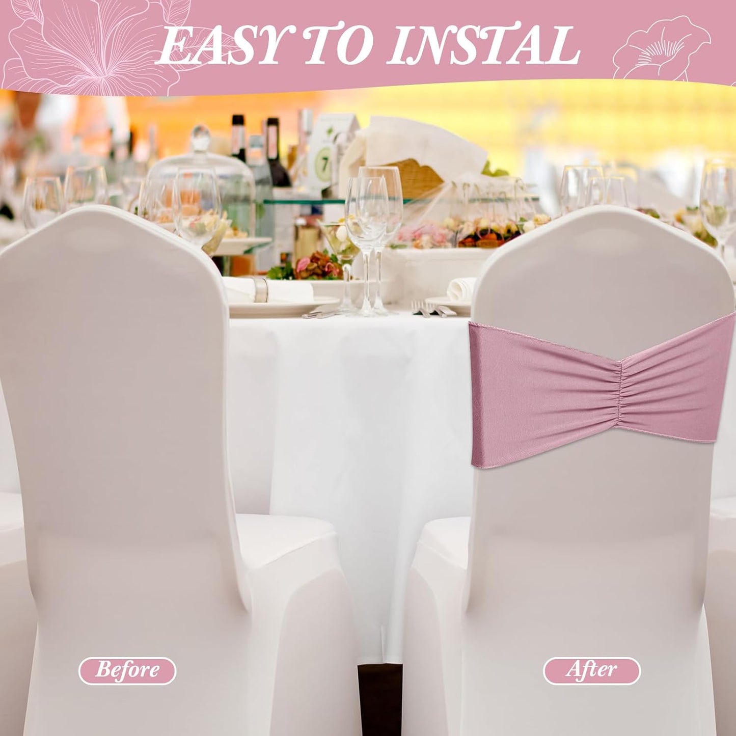 Moukeren 100 Pcs Spandex Chair Sashes Bows Bands Slider Sashes for Chair Covers Elastic Bands Ties Ribbon Decorations for Wedding Party Events Ceremony Birthday Banquet(Dusty Pink)