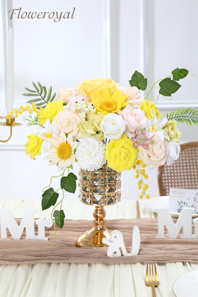 Floweroyal Artificial Flowers Combo Yellow Flowers Mix Silk Flowers Fake Roses with Stems for DIY Wedding Bridal Bouquets, Baby Shower, Floral Arrangement, Table Centerpieces, Home Decorations