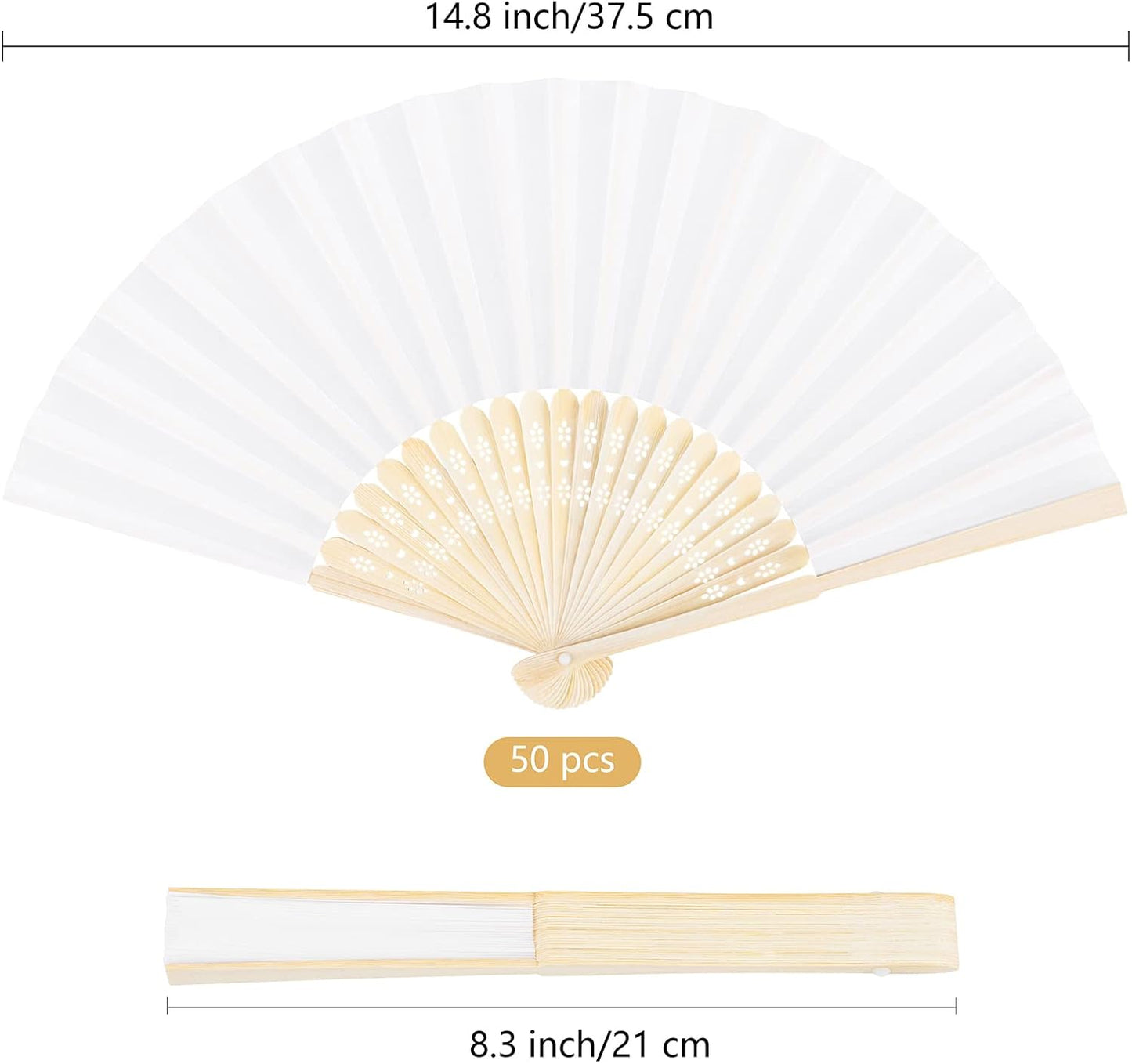 MCEAST 50 Pieces Silk Folding Fan with Bamboo Frames, Handheld Fan Folding Hand Fan Foldable Fan for Wedding Gifts, Party Favors, Home Decoration, White