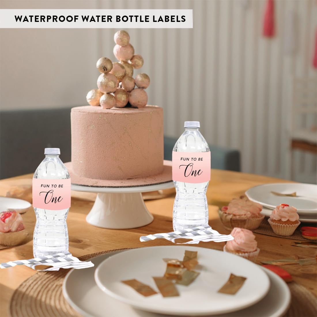 Andaz Press Blush Pink Rose Elegant Party Baby Girl's 1st Birthday Collection, Waterproof Water Bottle Labels, Fun to Be One, 20-Pack, Party Favors Decor Gift Ideas