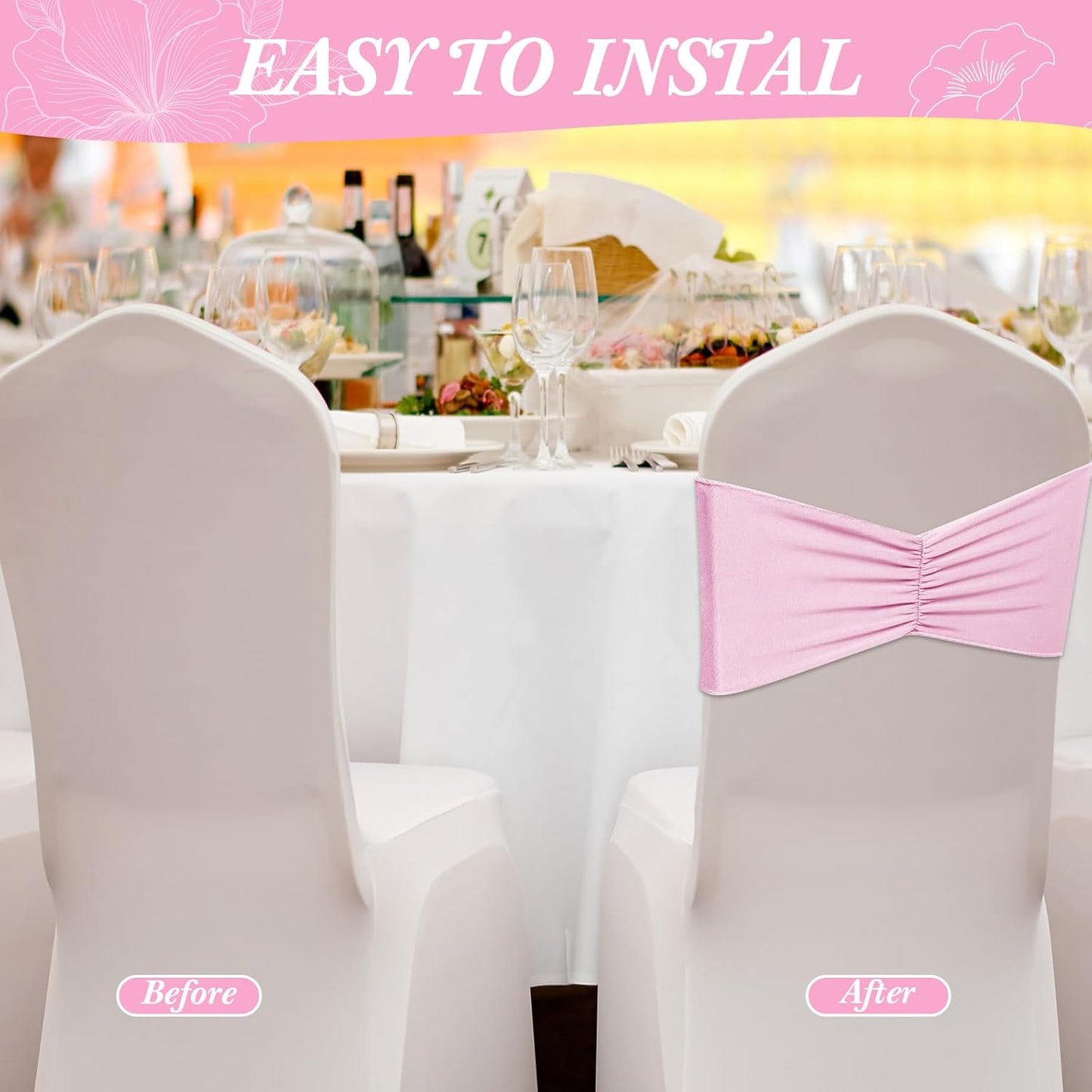 Moukeren 100 Pcs Spandex Chair Sashes Bows Chair Bands Slider Sashes for Chair Covers Elastic Chair Bands Ties Ribbon Chair Decorations for Wedding Party Events Ceremony Birthday Banquet(Light Pink)