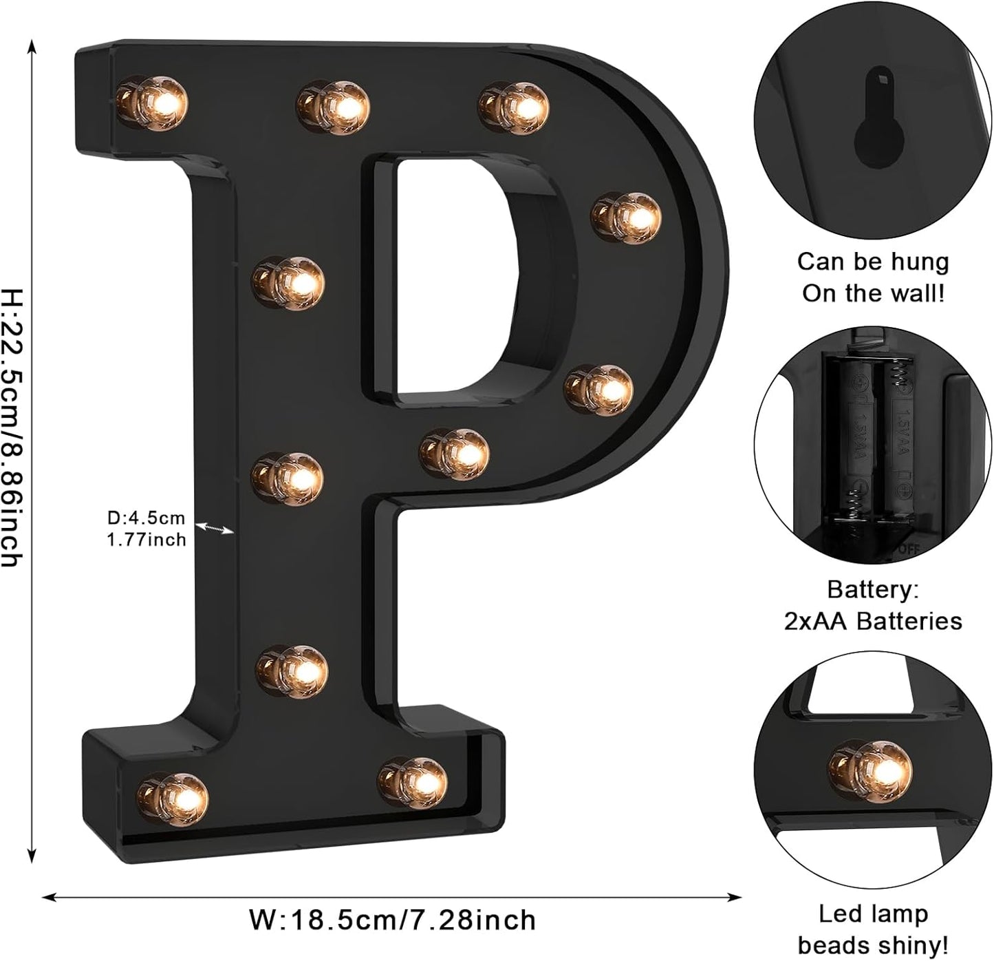 Foaky Black LED Letter Lights for Room Decor - Bedroom Wall Decor, Alphabet Lights for Home, Wedding, Party - Battery Operated （P）