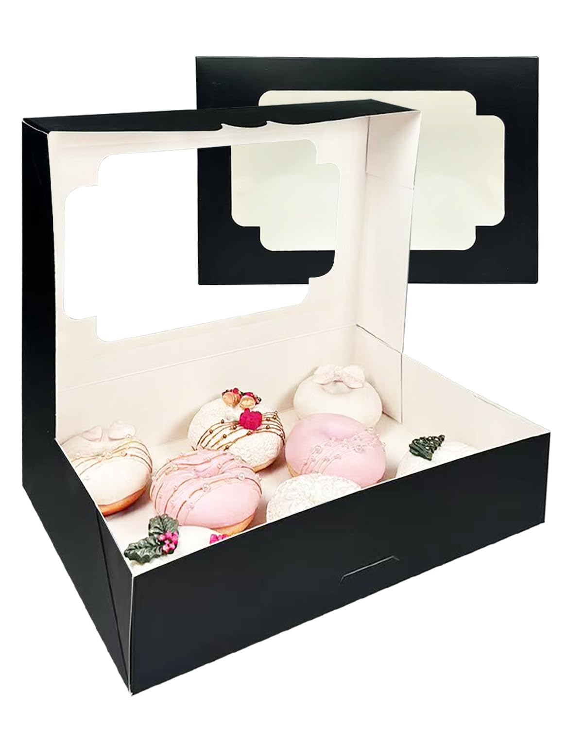 qiqee Auto-pop up Black Cookie Box with Window 12x8x2.5 inch 18 Packs Two Uses One Second Folding Pastry Biscuit Bakery Box for Packaging