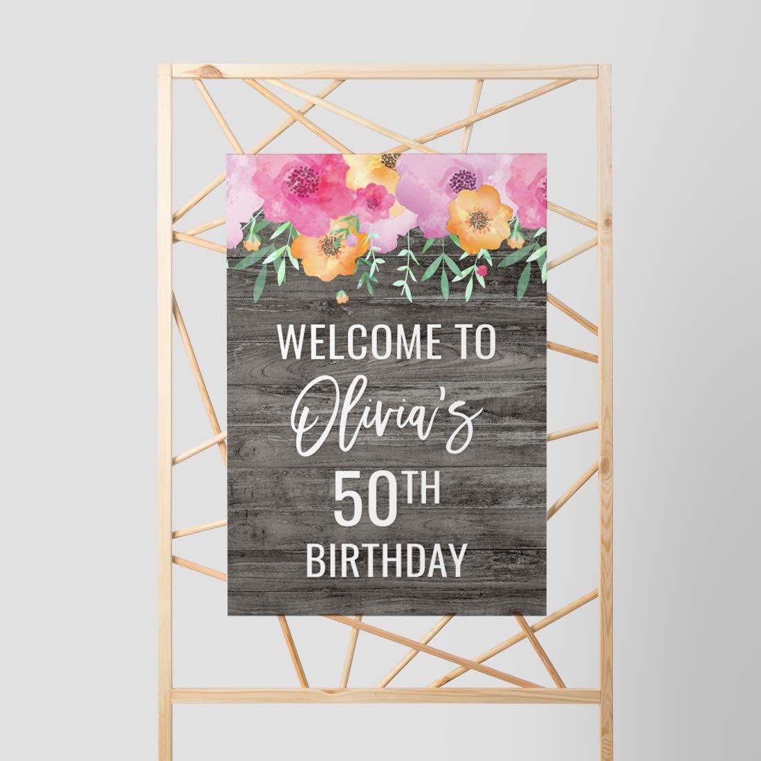 Andaz Press Personalized Extra Large Birthday Easel Board Party Sign, 12x18-inch, Pink Floral Flowers on Gray Rustic Wood, Welcome to Olivia's 50th Birthday, 1-Pack, Custom Name Age