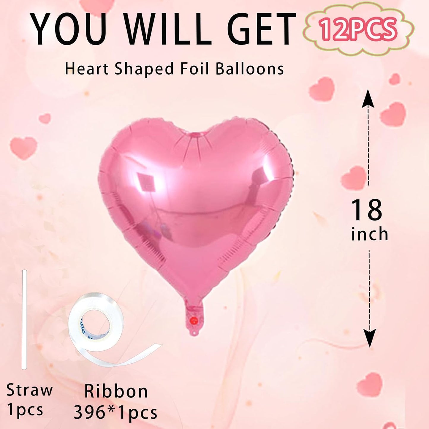 Pink Heart Balloons,18inch Bright Pink Heart Shaped Foil Balloons 12Pcs Helium Mylar Balloon for Anniversary Wedding Engagement Birthday Party Baby Shower Decorations