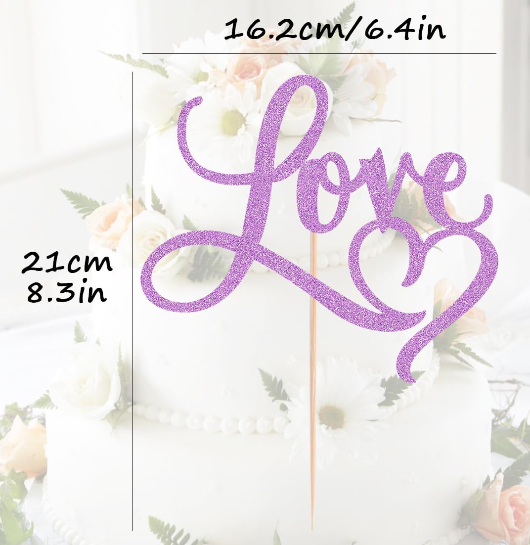 Love Cake Topper - Purple Glitter Paper Wedding Cake Decoration Supplies, Perfect for Bridal Shower/Engagement/Anniversary/Birthday Party