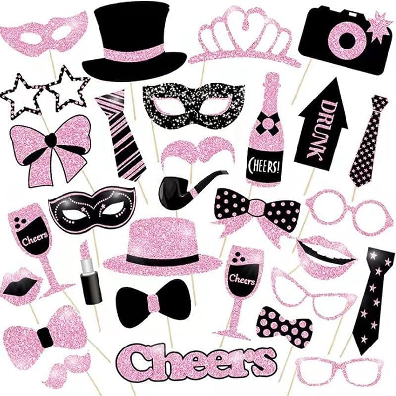 30 Pieces Black Rose Golden Photo Booth Props for Birthday Wedding New Year Party,Mix of Hats, Mask, Lipstick, Tie, Crowns and More Funny Selfie Props