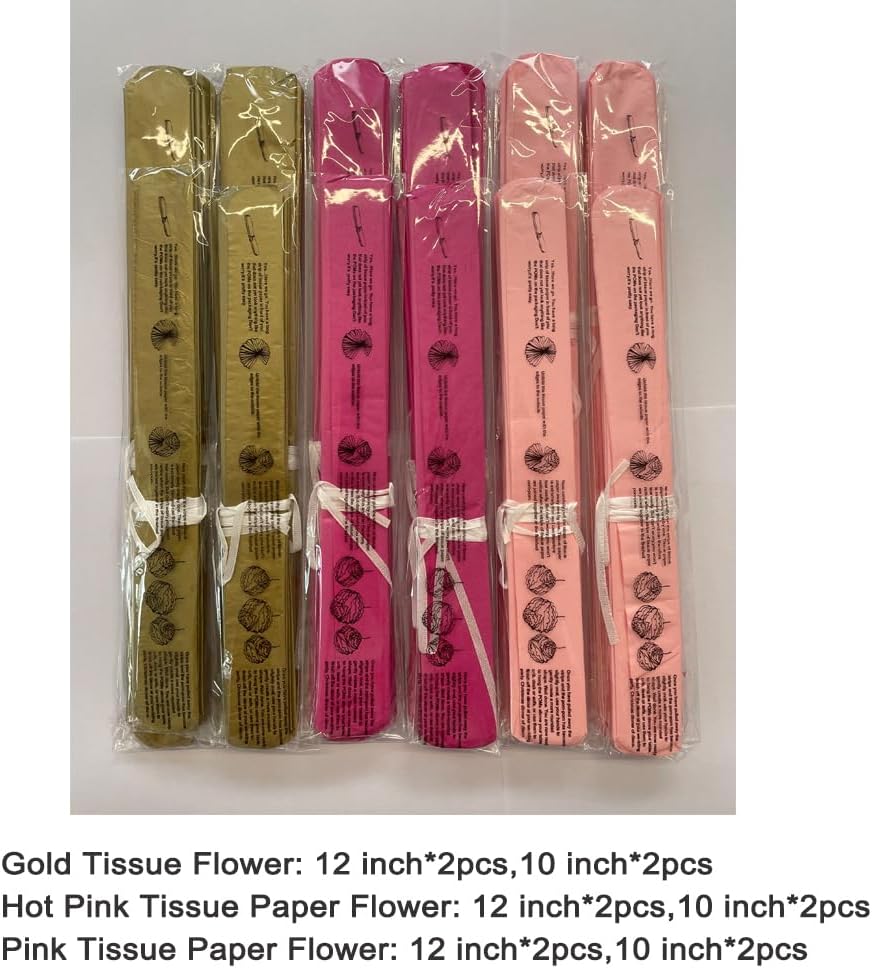 Gold Hot Pink and Pink Paper Flower Tissue Pom Poms for Baby Shower Bridal Engagement Bachelor Birthday Valentine's Day Theme Party, 12pc