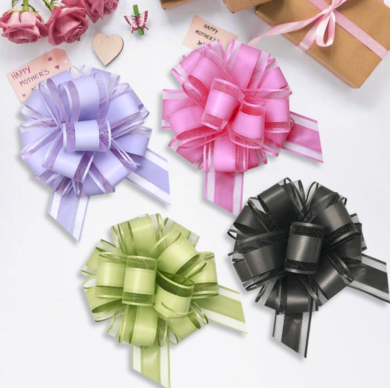 6 Count Pink Organza Satin Pull Bows, 6 inches, Wedding, Bridal Shower, Baby Shower, Modern Style, Flower Shaped, Easy to Use, Gift Wrapping Decorations
