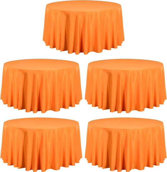 LTC LINENS 5 Pack 120 Inch Round Tablecloth Orange - Bulk for 60 Inch Round Table Floor Length - Washable, Wrinkle Resistant Polyester Fabric Cloth for Party