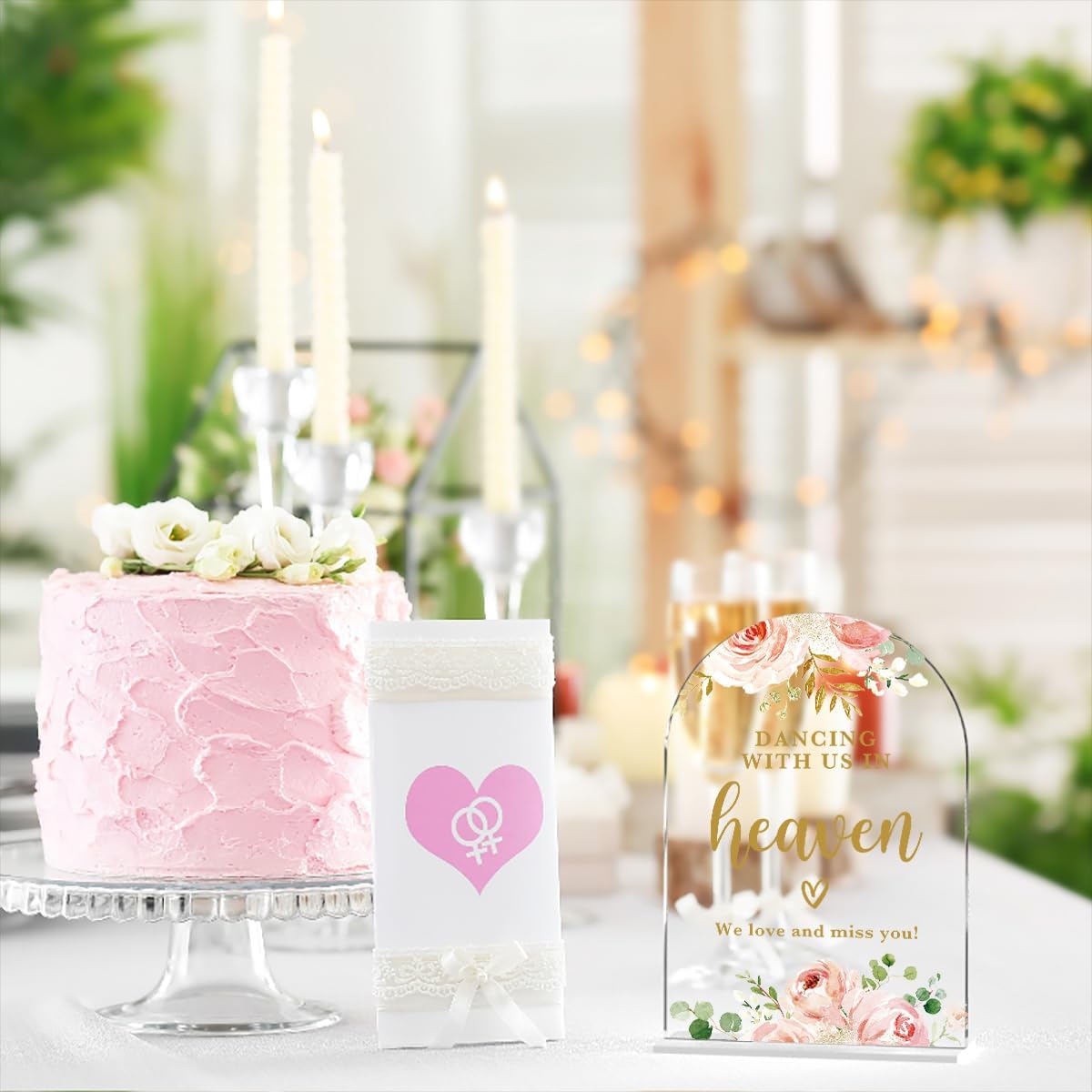 Acrylic Wedding Signs, Bridal Shower Decorations, Modern Calligraphy Arch Acrylic Table Top Sign for Wedding Reception and Engagement Parties - Dancing With Us in Heaven (Clear Pink Flowers)