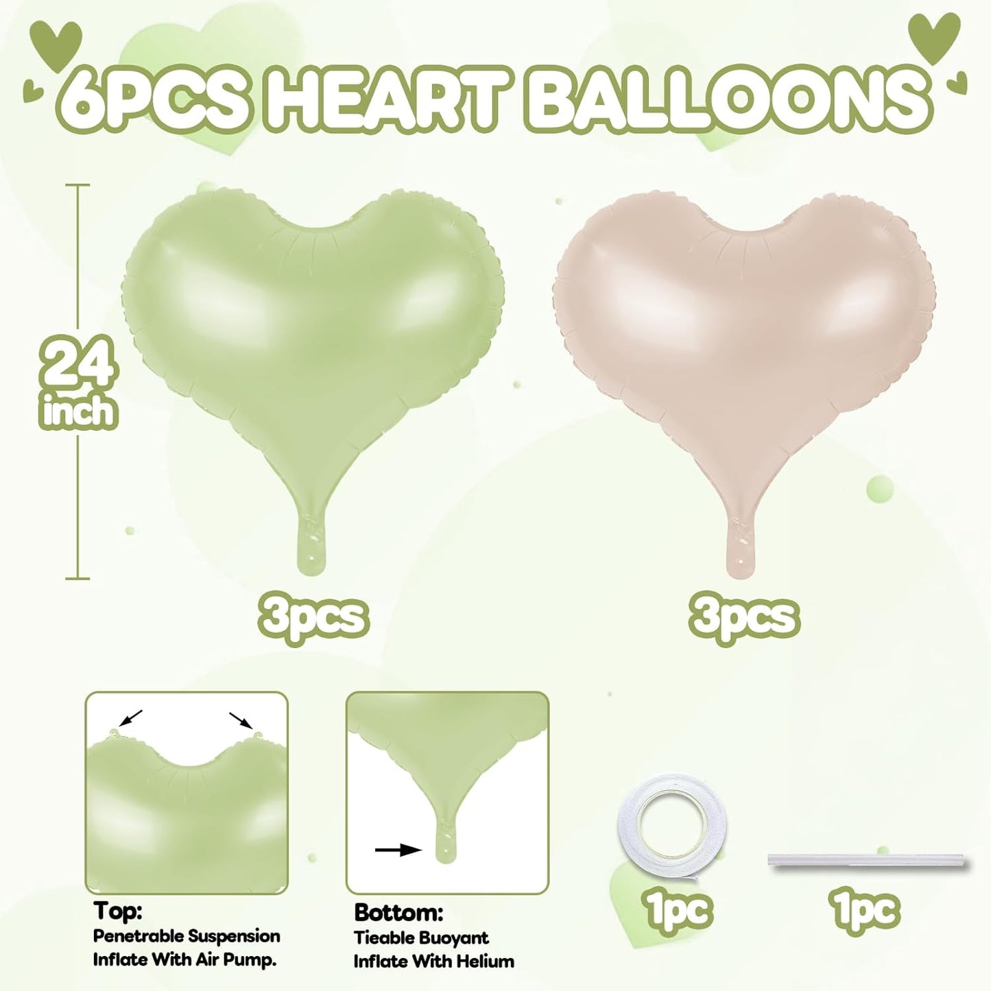 24 Inch Green and White Heart Balloons, Light Green Heart Shaped Foil Balloons, Cream White Helium Balloon for Boho Jungle Wedding Valentines Day Bridal Shower Anniversary Wedding Birthday Decorations