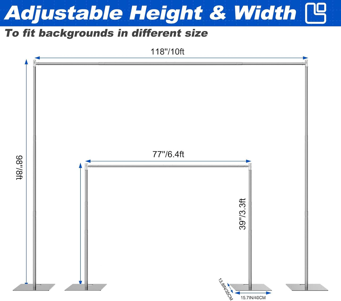 Pipe and Drape Backdrop Stand 8ftx10ft Adjustable Background Support System Heavy Duty Background Stand for Wedding Banquet Decorations Silvery