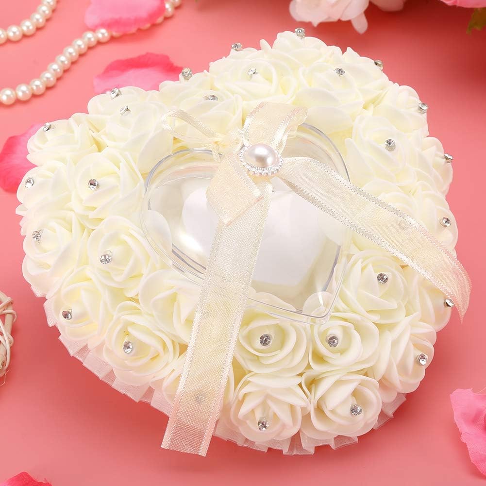 Hilitand Wedding Cushion Pillow Romantic Heart Shaped Wedding Box Rose Rhinestone Decorative Jewellery Boxes(Milky White)