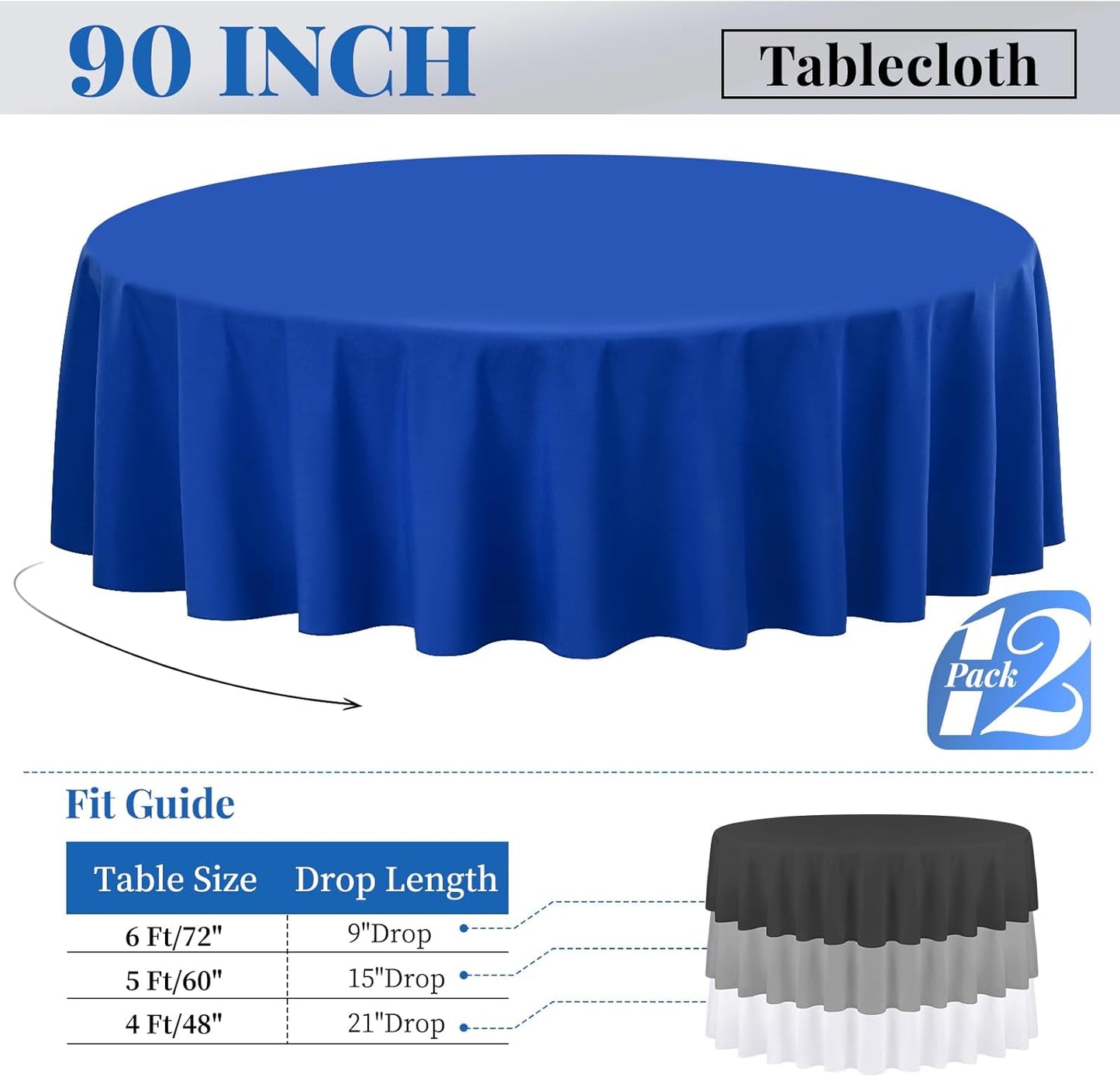 Fani 12 Pack 90 Inch Royal Blue Polyester Round Tablecloth, Stain and Wrinkle Resistant, Washable Table Cover for Wedding Party, Dining Table, Buffet, Parties, Camping